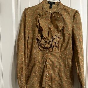 Ralph Lauren Women's Tan floral ruffle button down shirt - Size XS